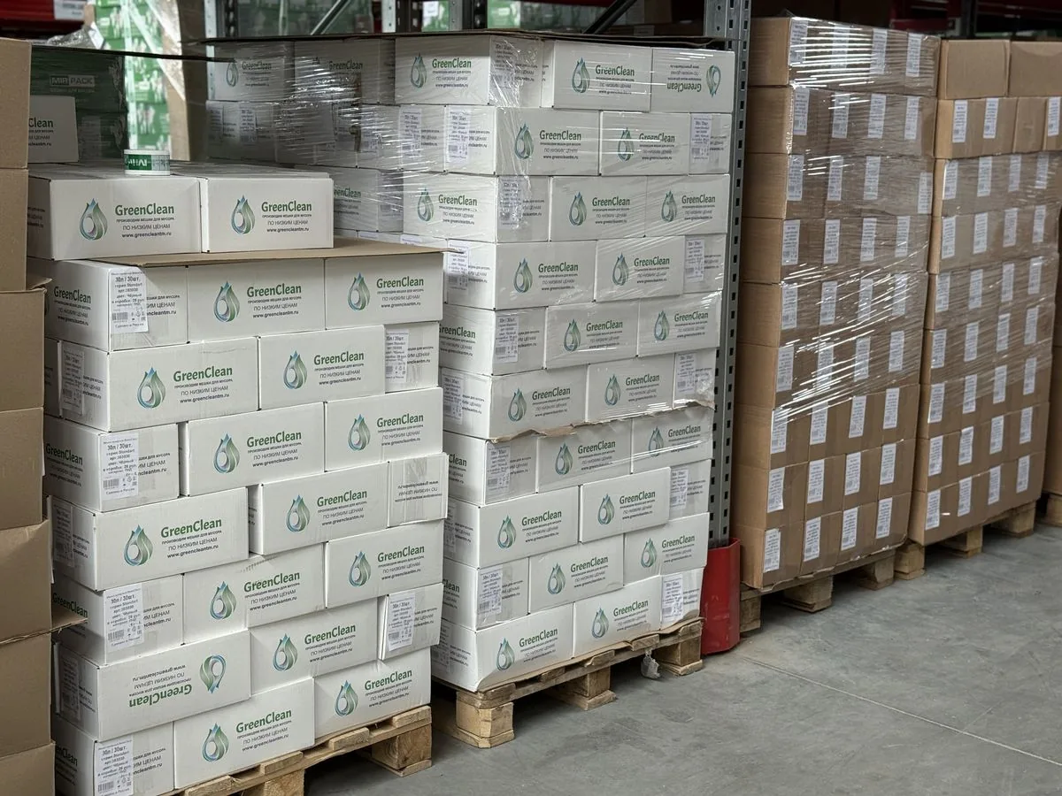 Pallets of GreenClean products in the warehouse